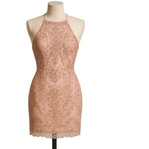 Y2K Metallic Lace Fairy Halter Mini Dress Womens Size XS Ethereal Party NYE